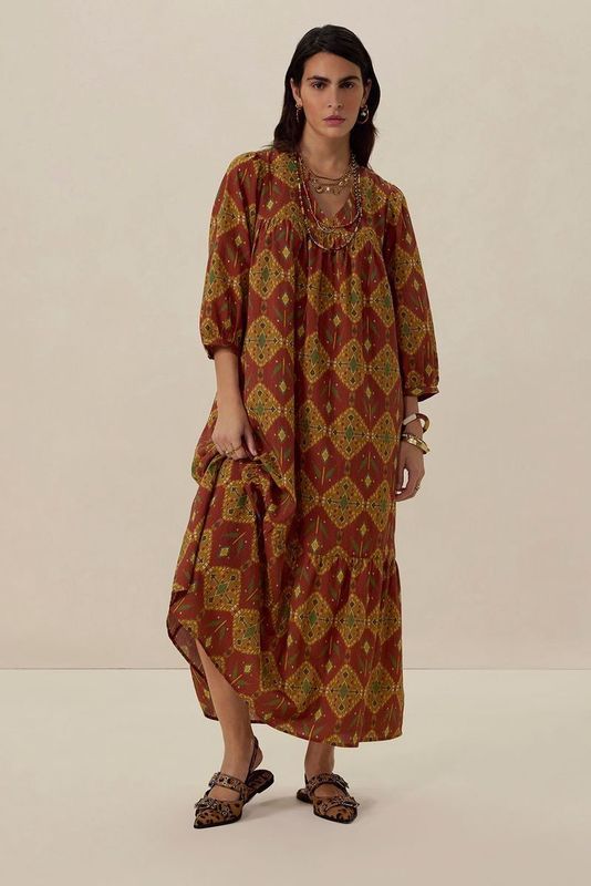 Sissy-Boy - Donkerrode Maxi Jurk - Katoen/Polyester - Driekwart Mouwen - V-hals