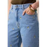 Blauwe high waist denim broek met embroidery