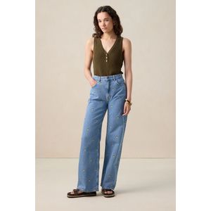 Blauwe high waist denim broek met embroidery