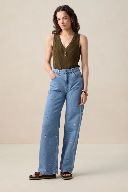 Blauwe high waist denim broek met embroidery