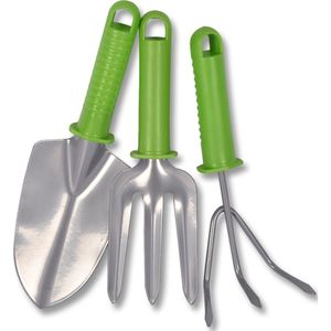 Tuingereedschap Set 3-delig - Groen/Zilver Harkje, Schoffel en Schepje - Compact 37 x 6 x 13 cm