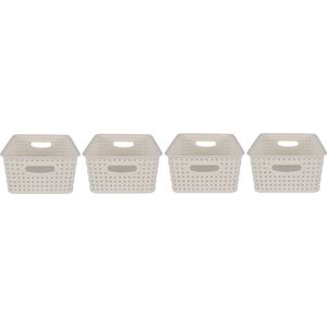 Set van 4 Rechthoek Opbergboxen voor Elke kamer |Witte Kunststof Opbergboxen met Rattan Looks-s25,5cm x 19,5cm x 10,5cm