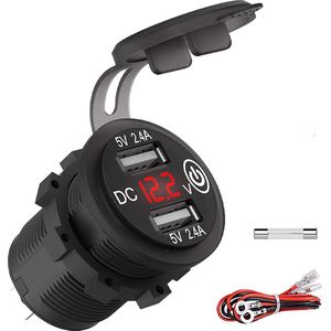 12V USB Autolader 2 Poorten Inbouw met Schakelaar/Voltmeter/Aansluitkabel - 5V/2.4A - USB Stopcontact Auto, Boot en Camper - Rood