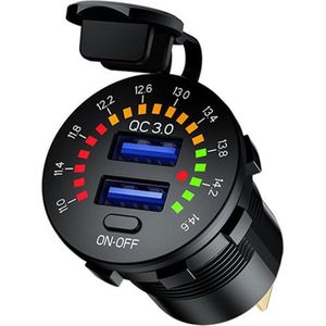 12V USB Autolader 2 Poorten Inbouw met Schakelaar/Voltmeter - QC3.0 - USB Stopcontact Auto, Boot en Camper