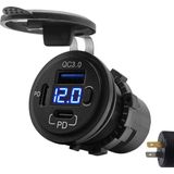 12V USB C Autolader 3 Poorten Inbouw met Schakelaar/Voltmeter - QC3.0 - USB C Stopcontact Auto, Boot en Camper - Blauw