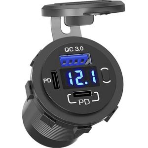 12V USB C Autolader 3 Poorten Inbouw met Schakelaar/Voltmeter - QC3.0 - USB C Stopcontact Auto, Boot en Camper - Blauw