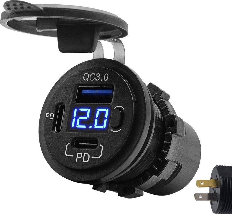 12V USB C Autolader 3 Poorten Inbouw met Schakelaar/Voltmeter - QC3.0 - USB C Stopcontact Auto, Boot en Camper - Blauw