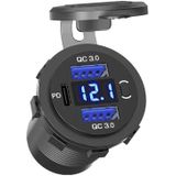 12V USB C Autolader 3 Poorten Inbouw met Schakelaar/Voltmeter - QC3.0 - USB Stopcontact Auto, Boot en Camper - Blauw