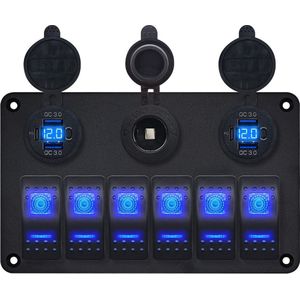 ProRide Schakelpaneel 12V voor Auto/Boot - USB/USB C Stopcontact 4 Poorten met Schakelaar - 65W - QC3.0 - 6 schakelaars + 12V/24V stopcontact - Blauw
