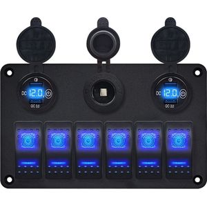 ProRide Schakelpaneel 12V voor Auto/Boot - USB Stopcontact 4 Poorten met Schakelaar en Voltmeter - QC3.0 - 6 schakelaars + 12V/24V stopcontact - Blauw