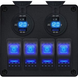 ProRide Schakelpaneel 12V voor Auto/Boot - USB Stopcontact met Schakelaar/Voltmeter - 5V/2.4A - 4 schakelaars - Blauw