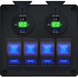 ProRide - Schakelpaneel 12V - USB Stopcontact met Schakelaar en Voltmeter - Groen - 4 Schakelaars