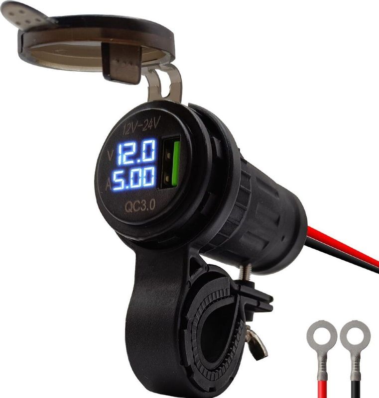 ProRide - 12V USB Lader Motor - USB Aansluiting - 1 Poort met Voltmeter/Ampèremeter - QC3.0 - Voor Motor en Motorfiets