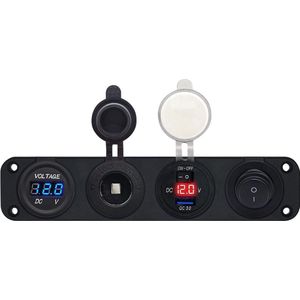 ProRide 12V USB Autolader 1 Poorten - Voltmeter, Schakelaar en 12V/24V Sigarettenplug - Viervoudig inbouw