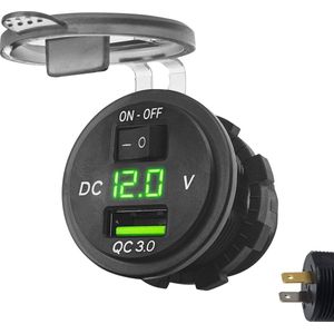 ProRide 12V USB Autolader 1 Poort Inbouw met Schakelaar/Voltmeter - 5V/2.4A - USB Stopcontact, Boot en Camper - Groen