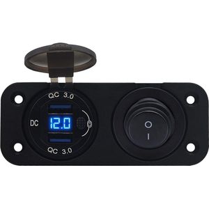 ProRide 12V USB Autolader 2 Poorten Inbouw met Schakelaar/Voltmeter - QC3.0 - DS2120B - Tweevoudig inbouw paneel - Blauw