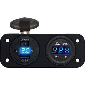 ProRide 12V USB Autolader Inbouw met Schakelaar/Voltmeter - 5V/2.4A - Tweevoudig inbouw paneel - Blauw