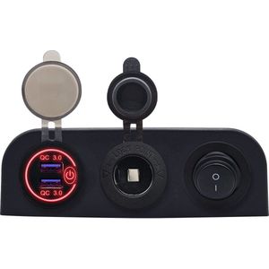 ProRide 12V USB Autolader 2 Poorten - QC3.0 - Drievoudig opbouw paneel - Sigaretten stopcontact en Schakelaar