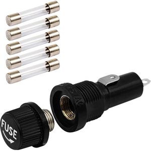 Zekeringhouder Met Schroefdop, Paneelgemonteerd, 5 Stuks Voor Glaszekeringen 6x30mm – 4x 250V 10A En 1x 125V 15A, Compleet Met Glasbuizen