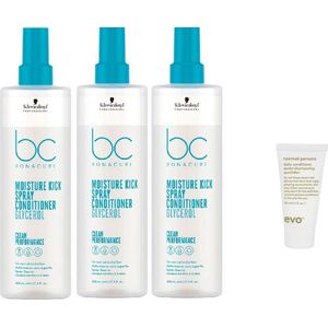 3 x Schwarzkopf Bonacure Moisture Kick Spray Conditioner 400ml - + WILLEKEURIG Travel Size