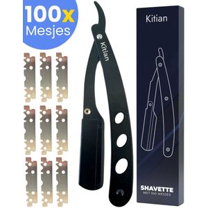 Kitian® Premium Open Scheermes - Klassiek Barbiersmes - Shavette - Straight Razor - Safety Razor + 100 Single Edge Scheermesjes - RVS - Zwart