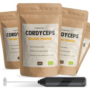 Cupplement 240 Gram Cordyceps Paddenstoel Poeder Biologisch 3+1 zak gratis - Inclusief Scoops - Geen Capsules - Supplement - Superfood - Mushroom - Militaris, Sinensis