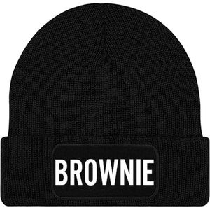 BROWNIE muts - Zwart (witte letters) - Beanie - One Size - Uniseks - Grappige teksten | Designs - Wintersport - Aprés ski muts - Ik ben vandaag zo vrolijk - Cadeau