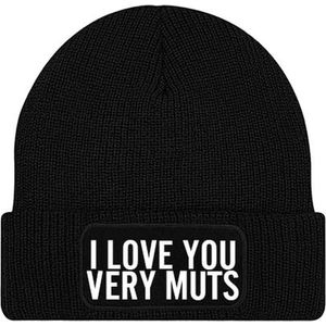 I LOVE YOU VERY MUTS muts - Zwart (witte tekst) - Beanie - One Size - Uniseks - Grappige tekst - Wintersport - Aprés ski muts - ik wil zomer - Cadeau -