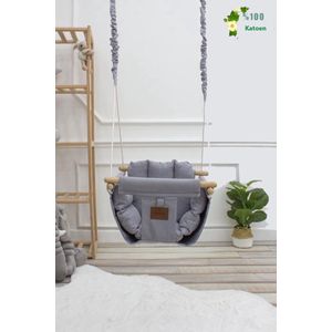 Schommel met Kussen - 100% Cotton Panama - Wooden Baby Swing Grey