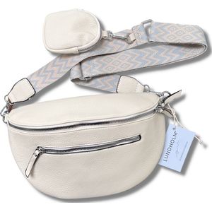 Lundholm heuptasje dames groot gebroken wit met tassenriem bag strap lichtblauw wit - heuptas dames met brede riem - cadeau voor vriendin | Gudvangen serie