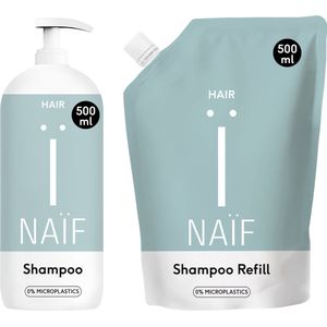 Naïf - Voedende Shampoo Voordeelset - Pompfles & Refill - Natuurlijke Haarverzorging - 2x 500ML