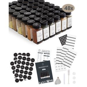 Organess 56 Glazen Kruidenpotjes Vierkant met Zwarte Deksel – 3 Soorten Strooideksels – Kruidenstrooier – Spice Jars – Complete Set incl Kruiden Stickers, Krijtstift en Accessoires – 120ml