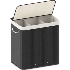 Organess wasmand 3 vakken - Wassorteerder - Wasmand met deksel - Opvouwbaar - 150L - Bamboe - Zwart