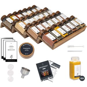 Organess - Kruidenrek - Acacia - Complete Set met 28 Kruidenpotjes - Keukenlade Organiser