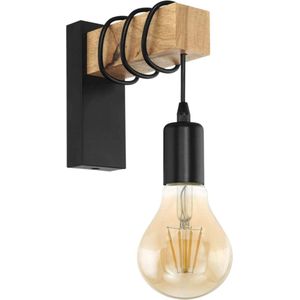 Wandlamp - 1 Lichtbron Vintage Wandarmatuur in Industrieel Ontwerp - Retro Lamp van Staal en Hout - Kleur: Zwart - Bruin - E27