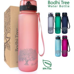 Bodhi Tree Motivatie Waterfles 1 Liter - Motiverende Drinkfles met Tijdmarkeringen Nederlands - BPA vrij - Fruit Filter - Motivatiefles - Roze