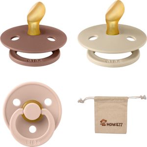 Bibs Dental fopspenen Anatomical 6-18 maanden- Set 3 stuks- Blush, Woodchuck, Vanilla - + Monkiezz speenzakje - orthodontisch- Anatomisch- Maat 2