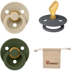 Bibs Dental fopspenen Anatomical 0-6 maanden- Set 3 stuks- Vanilla, Iron, Hunter Green - + Monkiezz speenzakje - orthodontisch- Anatomisch- Maat 1