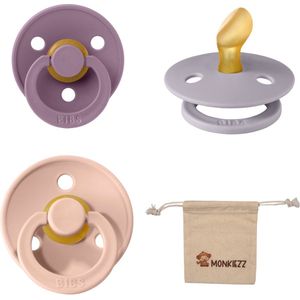 Bibs Dental fopspenen Anatomical 6-18 maanden- Set 3 stuks- Mauve, Fossil Grey, Blush - + Monkiezz speenzakje - orthodontisch- Anatomisch- Maat 2