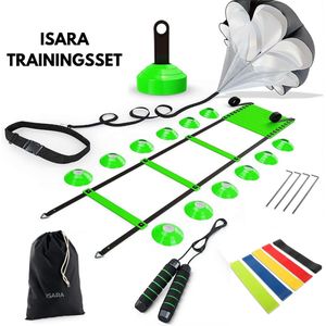 ISARA Voetbal Trainingsmateriaal Set Nieuw 2024 – Groen – Voetbal & Hockey Spullen – Training Artikelen – Pionnen - Loopladder – Speedladder – Agility – Resistance Band – Weerstand Parachute Sprint – Springtouw Volwassenen Kinderen – 5 Onderdelen