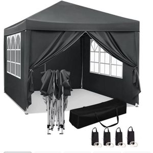 Qualytents - Partytent - Easy up - 3 x 3m - Paviljoen met Zijpanelen - Opvouwbaar - Waterdichte Tent - In Hoogte Verstelbaar - Zwart - Extra stevig