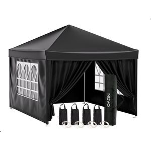 NOVO® Partytent - Easy up - 3 x 3m - Paviljoen - Zijwanden - Opvouwbaar - Waterdicht - Hoogte Verstelbaar - Zwart