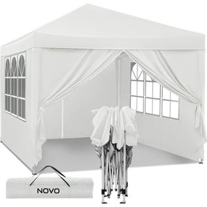 NOVO® Partytent - Easy up - 3 x 3m - Paviljoen met Zijpanelen - Opvouwbaar - In Hoogte Verstelbaar - Wit