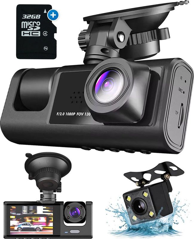 Fleau Tech - Dashcam - 3 in 1 - Voor en Achter Camera - Full HD - 170° Groothoeklens - Inclusief Micro SD-kaart 32 GB