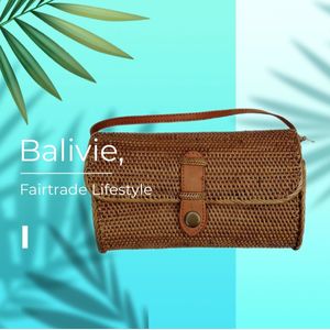 Balivie - Tas - Schoudertas - Dames Crossbody - Clutch - Bruin - Rattan - Druksluiting - Leren hengsel - Batik binnenvoering - L19xB7xD12cm