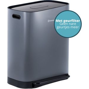 Homra Rockx Pedaalemmer 60 Liter - Duo Prullenbak 2X30L met Geurfilter - RVS Afvalscheidingsprullenbak 2 Vakken - Recycle Afvalbak - Vuilnisbak Keuken afval scheiden - Afvalemmer - Dubbele Prullenbak Grijs