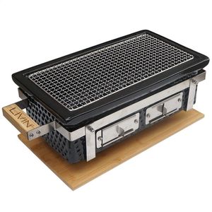 LIVIN' Hibachi Barbecue Rechthoekig - Houtskoolbarbecues - Japanse BBQ - Kamado Bbq - Mini BBQ - Geschikt voor 4-6 Personen - Inclusief Onderplaat en Tang - Hoge Kwaliteit Keramiek - ø 30cm - RVS - 11KG - Zwart