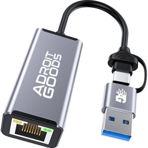 AdroitGoods USB-C / USB-A Naar Lan Netwerk Ethernet Adapter - 10/100/1000 Mbps - Internet - Grijs