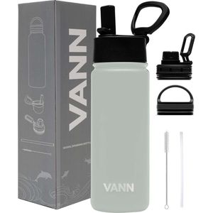 VANN® 3-Wandige Waterfles 500 ML met rietje voor volwassenen – Met 5 accessoires – RVS bidon – 24 uur koud/12 uur warm – Grijs