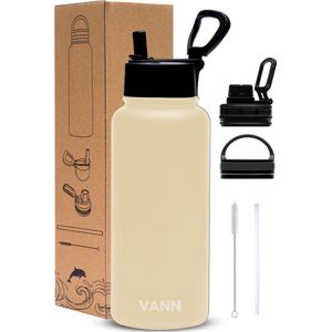 VANN® 3-Wandige Waterfles 1 liter met rietje voor volwassenen – Met 5 accessoires + 25 recepten – Bidon RVS – 24 uur koud/12 uur warm – Pastel